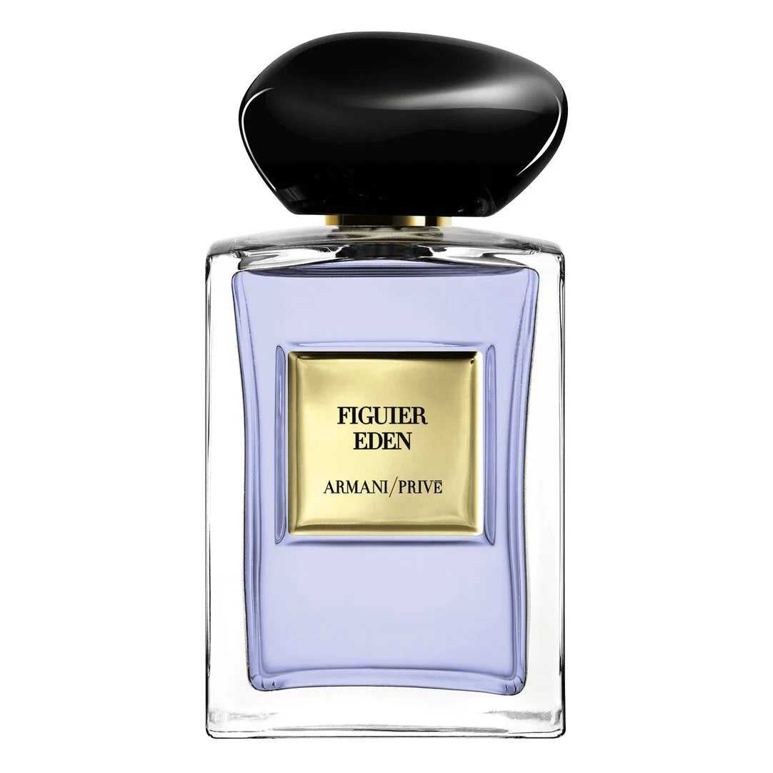 Armani Privé Figuier Eden Eau de Toilette 100ml bottle with gold label and black cap, showcasing its luxurious unisex fresh & woody fragrance.