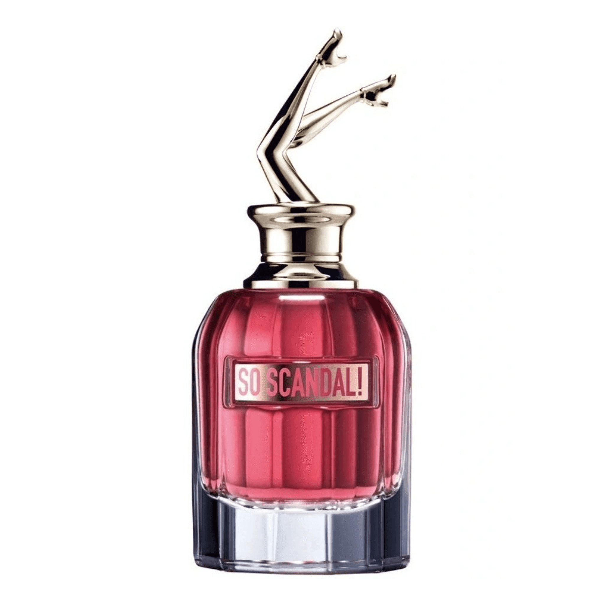 Jean Paul Gaultier So Scandal! Eau de Parfum 80ml bottle with sculpted gold legs cap, showcasing bold pink fragrance in luxury glass design.