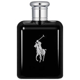 Ralph Lauren Polo Black Eau de Toilette 125ml bottle featuring sleek black design with silver cap and iconic polo player logo for men’s fragrance.