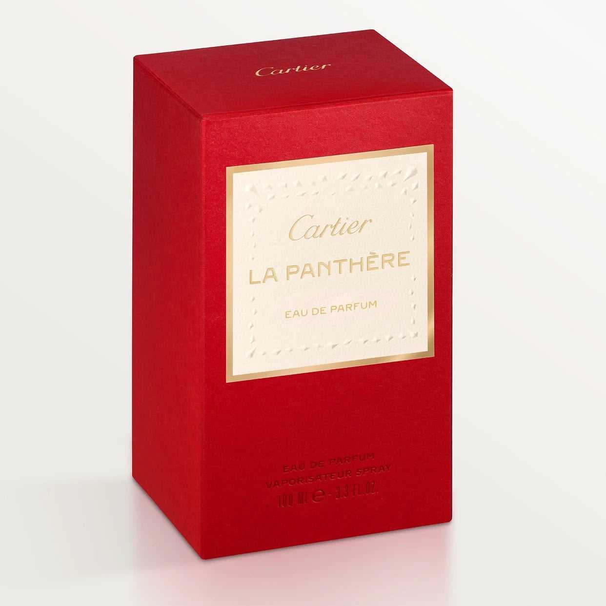 Red and gold retail box for La Panthère Eau de Parfum - 75ml Sensual Floral Chypre Perfume by Cartier, highlighting premium packaging.