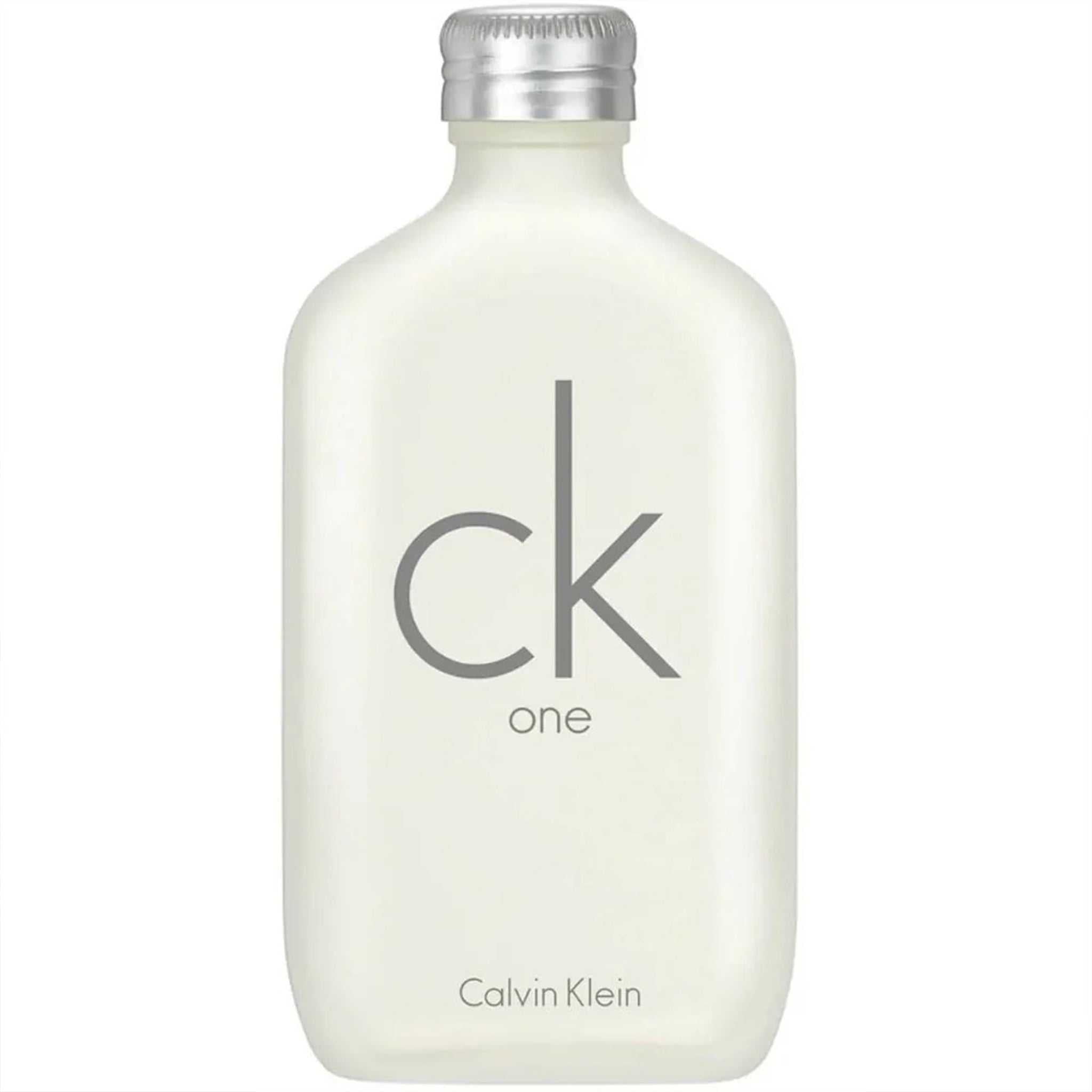 Calvin Klein CK One Eau de Toilette 100ml bottle with minimalist frosted glass design, ideal for unisex fragrance lovers.