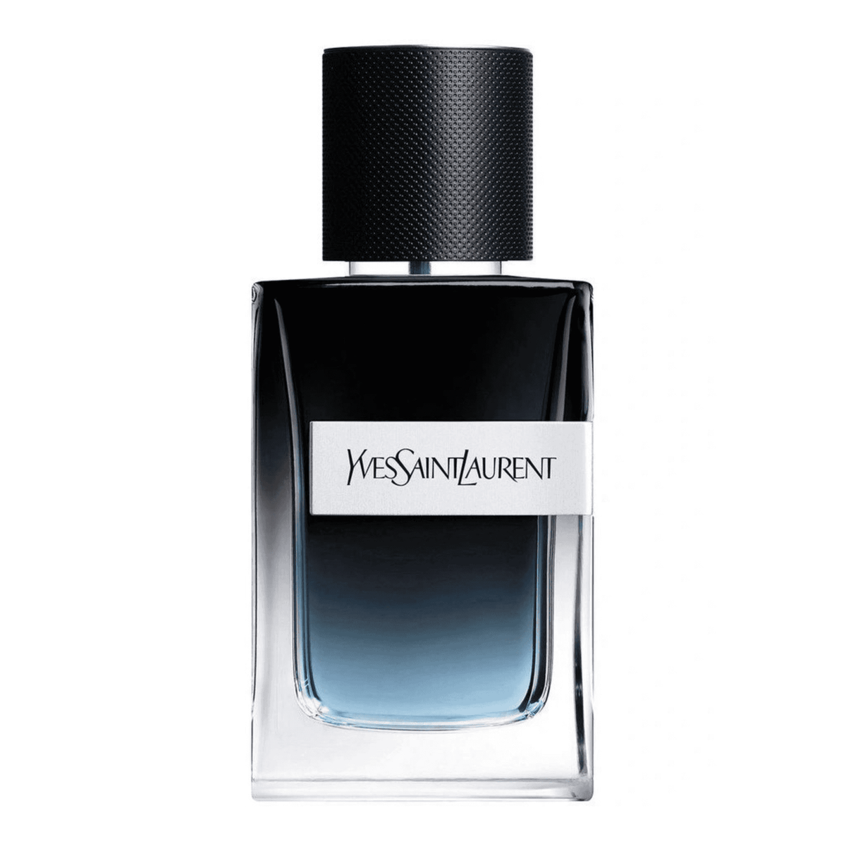 YSL Y Eau de Parfum 100ml bottle with sleek gradient blue glass and black cap, ideal men's fragrance for modern sophistication.